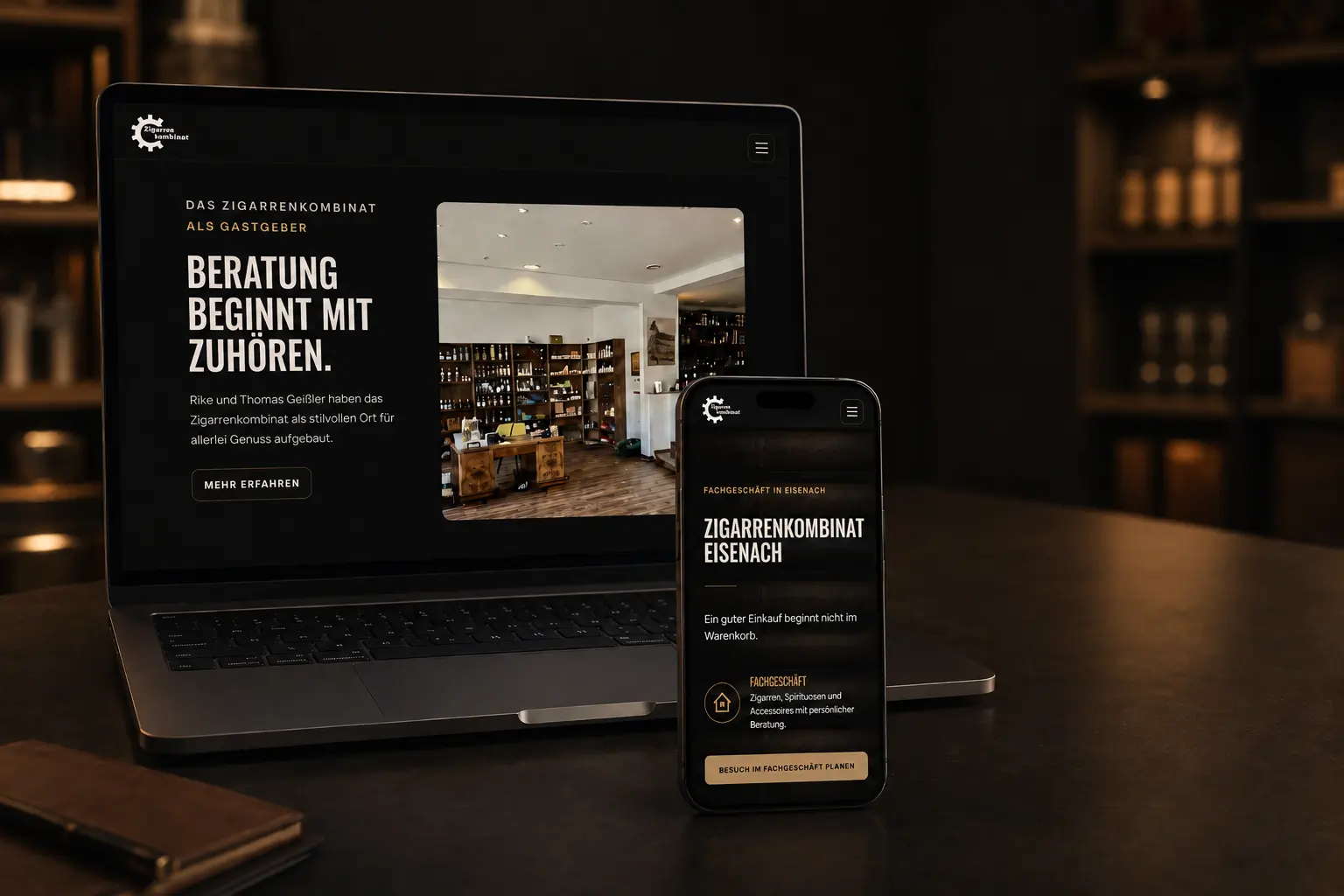 Responsive Website des Zigarrenkombinats Eisenach auf Laptop und Smartphone
