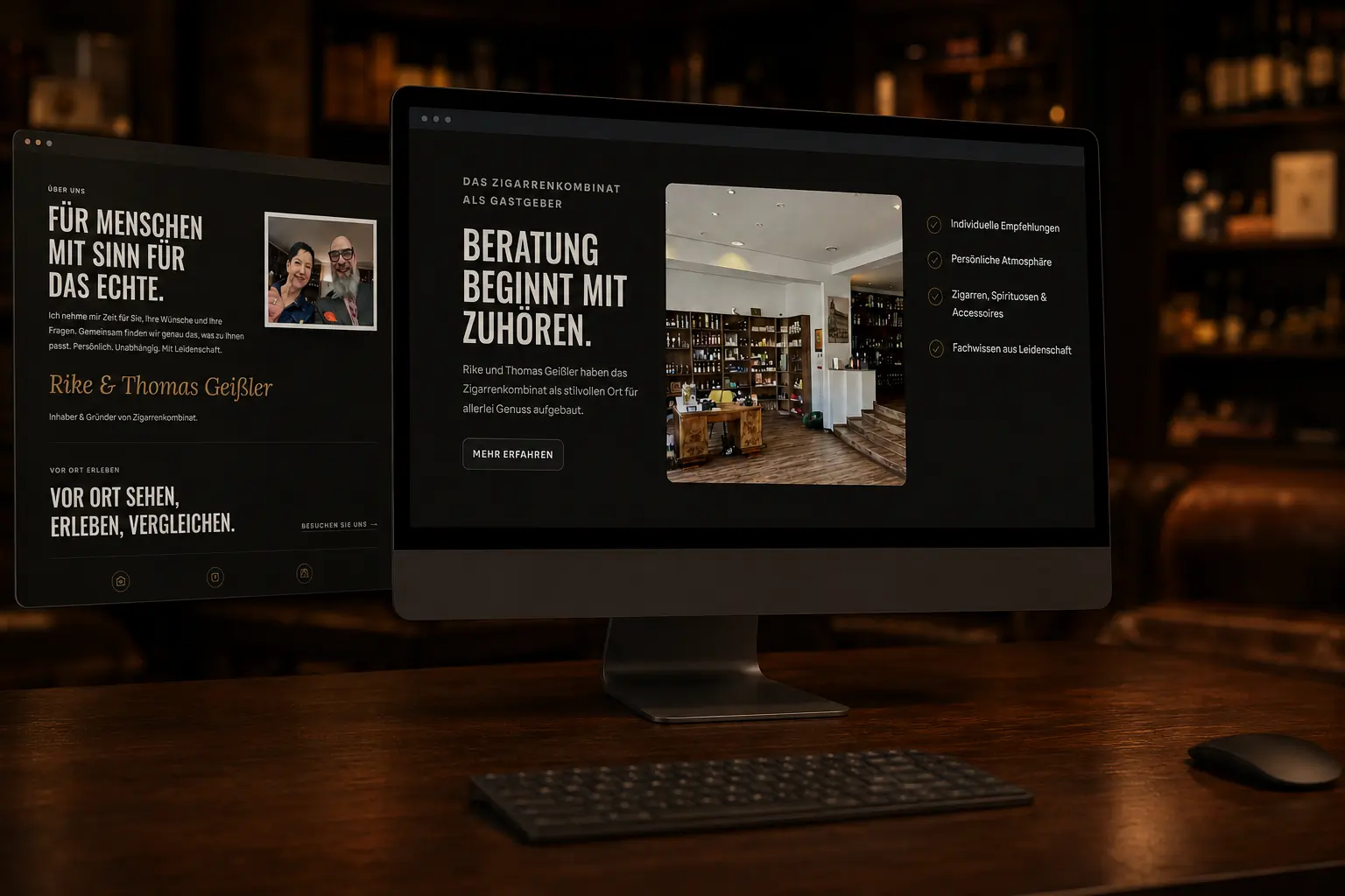 Webdesign für das Zigarrenkombinat mit Beratungsseite auf einem Desktop-Monitor